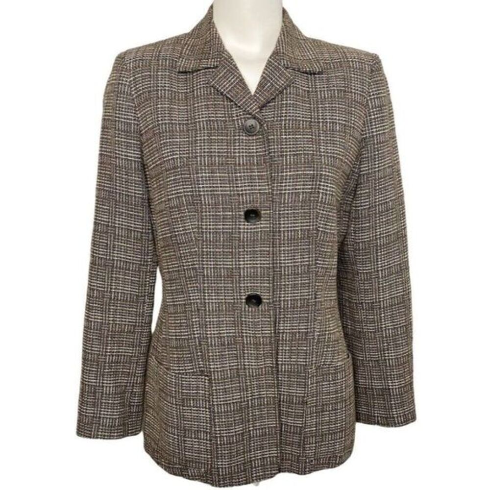 Kasper Tweed Blazer Women's 6 MEDIUM Brown Black White Soft Menswear-Style Lined